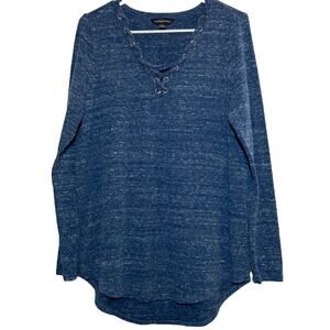 Rock & Republic Tunic Top Round Hem Long Sleeve Lace Up Neckline Heather Blue L